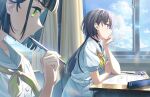  2girls academic_test black_hair blue_sky blunt_bangs bob_cut classroom closed_mouth cloud collarbone day dress elbows_on_table eraser game_cg grey_hair hair_ornament hand_on_own_arm hand_on_own_chin hasu_no_sora_school_uniform highres holding holding_pencil indoors katsuragi_izumi link!_like!_love_live! love_live! mechanical_pencil momose_ginko multiple_girls neckerchief non-web_source official_art orange_eyes paper pencil pencil_case profile puffy_short_sleeves puffy_sleeves reflection sailor_collar school_uniform short_hair short_sleeves sidelocks sky summer_uniform triangle_hair_ornament turtleneck virtual_youtuber white_dress white_sailor_collar window wolf_cut yellow_neckerchief 
