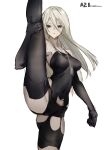  1girl a2_(nier:automata) absurdres android armpits artist_name bare_shoulders breasts character_name covered_navel expressionless floating_hair highres large_breasts leg_up long_hair looking_at_viewer mole mole_under_mouth nier:automata nier_(series) qtian serious simple_background split standing standing_on_one_leg standing_split thick_thighs thighs torn_clothes white_background white_hair 
