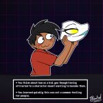 1:1 anthro black_back black_hair blush bodily_fluids clothed clothing deltarune digital_creature duo english_text female hair hi_res human imminent_transformation inner_monologue male mammal mask open_mouth signature sweat tasque_manager text text_box tf-sential thinking toony_expression undertale_(series) yellow_eyes