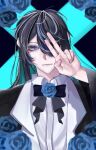  1girl ado_(utaite) aegyo_sal black_bow black_bowtie black_hair blue_eyes blue_flower blue_hair blue_rose bow bowtie carlos_jpg chando_(ado) collared_shirt colored_inner_hair commentary dress_shirt flower hand_up hashtag-only_commentary highres long_hair long_sleeves looking_at_viewer mole mole_under_eye multicolored_hair rose shirt sidelocks solo upper_body white_shirt 