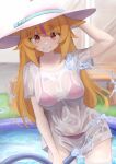  1girl animal_ear_fluff animal_ears arm_up bare_arms bikini bikini_under_clothes blonde_hair commentary_request cowboy_shot day freshd_0325 grin hand_on_headwear hat highres holding holding_hose hose long_hair looking_at_viewer multicolored_hair no_pants original outdoors purple_hair red_bikini red_eyes see-through_clothes see-through_shirt shirt single_hair_streak smile solo streaked_hair sun_hat swimsuit two-tone_hair water wet wet_clothes wet_shirt white_shirt 