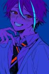  1boy @_@ aqua_hair blue_background collared_shirt grin hair_between_eyes highres hikentai3 kamishiro_rui male_focus multicolored_hair necktie project_sekai purple_hair red_eyes shirt simple_background smile solo striped_necktie sweat upper_body 