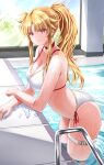  1girl bikini blonde_hair blush breasts choker commentary_request fate_testarossa highres indoors large_breasts long_hair looking_at_viewer lyrical_nanoha mahou_shoujo_lyrical_nanoha ponytail poolside red_choker red_eyes side-tie_bikini_bottom smile solo sougetsu_izuki swimsuit thigh_strap 
