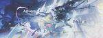  2girls absurdres arcaea back-to-back black_bow black_dress blue_flower blue_hair blue_rose bow castle chromatic_aberration dress english_text flower glass_shards glowing hair_flowing_over highres hikari_(arcaea) long_hair long_sleeves multiple_girls original pink_eyes pleated_capelet rose schwarzald sidelocks sword tairitsu_(arcaea) thighhighs twintails weapon 