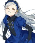  1girl black_gloves blue_dress blue_hairband butterfly_hair_ornament dress gloves grey_hair hair_ornament hairband highres lavenza_(persona_5) long_hair long_sleeves looking_at_viewer persona persona_5 s-m-53413 smile solo white_background yellow_eyes 