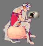  1girl animal_ears blue_bow blunt_bangs boots bow brown_hat dress ear_bow english_commentary from_side futanari gigantic_testicles gloves gold_ship_(umamusume) grey_background grey_boots grey_gloves grey_hair grey_pants hat high_heel_boots high_heels highres horse_ears horse_girl horse_tail interlocked_fingers jess_(p2eocene) large_testicles long_hair o-ring own_hands_together pants photo-referenced pillbox_hat purple_eyes red_dress red_shirt reference_inset shirt simple_background sitting sleeveless sleeveless_dress sleeveless_shirt solo tail testicles umamusume white_boots white_gloves white_hair 
