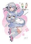  1girl ;d apron binchou_maguro blue_jacket blue_skirt blush bun_cover cevio coffee commentary_request cup dated double_bun fang frilled_apron frilled_skirt frills full_body grey_hair hair_bun hair_ornament hands_up holding holding_tray jacket jersey_maid kneehighs koharu_rikka long_sleeves looking_at_viewer maid maid_headdress mug one_eye_closed open_mouth outline pink_shoes purple_eyes roller_skates saucer shoes short_hair signature skates skin_fang skirt smile socks solo spoon synthesizer_v track_jacket tray unconventional_maid v-shaped_eyebrows white_apron white_outline white_socks x_hair_ornament zipper 