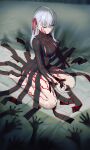  1girl absurdres artist_name bare_legs barefoot black_dress body_markings breasts commentary_request corruption dark_persona dark_sakura dress fate/stay_night fate_(series) feet hair_ribbon heaven&#039;s_feel highres large_breasts long_hair matou_sakura red_eyes ribbon shadow_(fate/stay_night) shroud_of_martin soles striped_clothes striped_dress tooku0 vertical-striped_clothes vertical-striped_dress white_hair 