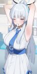  1girl arm_up armpits blue_archive blue_necktie blurry blurry_background blush breasts commentary_request dress halo highres indoors large_breasts long_hair looking_at_viewer mouth_hold necktie noa_(blue_archive) official_alternate_costume one_eye_closed purple_eyes rikoping2000 sleeveless sleeveless_dress smile solo sweat very_long_hair white_dress white_hair white_halo 