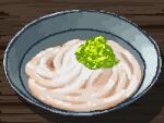  bowl food food_focus garnish heimuer highres hisachan55cute no_humans noodles on_table original pixel_art simple_background still_life table udon wooden_table 