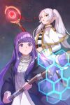  2girls aqua_eyes black_coat blunt_bangs buttons capelet closed_mouth coat collared_dress commentary_request dark_background dress earrings elf energy_barrier fern_(sousou_no_frieren) floating_earrings frieren gold_trim highres holding holding_staff jacket jewelry light_particles long_hair long_sidelocks long_sleeves looking_at_viewer mage_staff magic multiple_girls noomaru_(nomorepeople) open_clothes open_coat open_mouth parted_bangs pink_pupils pointy_ears purple_eyes purple_hair shirt sidelocks skirt sousou_no_frieren staff striped_clothes striped_shirt teardrop_earrings twintails white_capelet white_dress white_hair white_jacket white_skirt wide_sleeves 