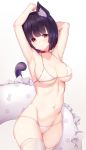  1girl animal_ear_fluff animal_ears armpits arms_up azur_lane bangs bare_arms bare_shoulders bikini black_hair blush breasts brown_background cat_ears cat_girl cat_tail choker cleavage closed_mouth collarbone commentary_request eyebrows_visible_through_hair filings_(ailuo_c) frilled_innertube gradient gradient_background head_tilt highres innertube medium_breasts navel red_choker red_eyes revision short_hair skindentation solo swimsuit tail tail_raised thighhighs white_background white_bikini white_innertube white_legwear yamashiro_(azur_lane) 