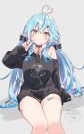  1girl absurdres ahoge alternate_costume arm_support bandaid bandaid_on_leg black_choker black_nails black_ribbon black_sweater blue_hair choker elf grey_background hair_ribbon heart heart_ahoge highres hololive light_blush long_hair low_twintails pointy_ears print_sweater ribbon simple_background single_off_shoulder sitting smile solo straight_hair suzufa sweater thigh_strap twintails v virtual_youtuber yellow_eyes yukihana_lamy yukimin_(yukihana_lamy) 