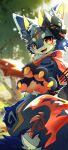 2023 2_horns 4_fingers anthro arrow_(weapon) biped blue_body blue_fur blue_markings blurred_background chest_tuft claws day digital_drawing_(artwork) digital_media_(artwork) dragon fingers fluffy fluffy_tail fur furred_dragon furred_scalie hi_res hlg7777 horn inner_ear_fluff kemono light looking_at_viewer male markings mask multicolored_body multicolored_fur mythological_creature mythological_scalie mythology neck_tuft open_mouth open_smile outside pawpads paws plant ranged_weapon red_markings scalie shaded smile smiling_at_viewer solo standing sunlight tail tree tuft wallpaper weapon white_body white_fur yellow_eyes