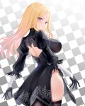  1girl 2b_(nier:automata) 2b_(nier:automata)_(cosplay) absurdres akiei ass back_cutout black_dress black_thighhighs blonde_hair blush breasts checkered_background clothing_cutout commentary_request cosplay dress english_commentary feather-trimmed_sleeves gakuen_idolmaster gradient_background highleg highres idolmaster juliet_sleeves juo_sena large_breasts long_hair long_sleeves looking_at_another looking_at_viewer mixed-language_commentary multicolored_hair nier:automata nier_(series) pink_hair puffy_sleeves purple_eyes smile solo straight_hair streaked_hair thighhighs twitter_username two-tone_hair 