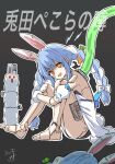  1girl :d android animal_ear_fluff animal_ears barefoot black_background black_leotard blue_hair bow braid carrot_hair_ornament commentary_request detached_sleeves don-chan_(usada_pekora) dress electricity food-themed_hair_ornament fur-trimmed_gloves fur_trim gloves glowing glowing_eyes hair_bow hair_ornament highres hololive hugging_own_legs kiritoma leotard looking_at_viewer multicolored_hair orange_eyes puffy_short_sleeves puffy_sleeves rabbit_ears red_eyes short_sleeves sitting smile solo_focus strapless strapless_dress strapless_leotard translation_request twin_braids twintails two-tone_hair usada_pekora usada_pekora_(1st_costume) virtual_youtuber white_bow white_dress white_hair white_sleeves 