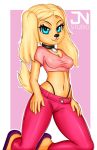  2018 5_fingers anthro black_nose blonde_hair blue_eyes brandy_and_mr._whiskers brandy_harrington breasts canine cleavage clothed clothing collar collar_tag disney dog eyelashes female footwear fully_clothed fur hair hands_on_hip jeans jnstudio kneeling looking_at_viewer mammal midriff navel nipple_bulge pants pink_background shirt shoes simple_background smile solo t-shirt thong two_tone_background white_background yellow_fur 