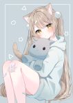  1girl animal_ear_fluff animal_ears bandaid bandaid_on_knee bandaid_on_leg blush brown_hair cat_ears cat_girl cat_tail closed_mouth commentary_request dot_mouth feet_out_of_frame hair_ornament hamico head_tilt highres holding holding_stuffed_toy hood hoodie kokona_(hamico) long_hair looking_at_viewer original sitting solo stuffed_animal stuffed_cat stuffed_toy swept_bangs tail twintails very_long_hair yellow_eyes 