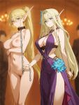  2boys 2girls ai-generated animal_collar arm_at_side arm_under_breasts armpit_crease black_bra black_panties blonde_hair blue_eyes blue_flower blurry blurry_background bra brown_collar chain chain_leash chandelier chinese_commentary circlet cleft_of_venus clenched_hands closed_mouth clothed_female_nude_female collar collarbone commentary_request completely_nude cowboy_shot crossed_bangs depth_of_field double-parted_bangs dress dress_flower elf expressionless femdom flower hair_between_eyes highleg highleg_panties highres holding holding_chain holding_leash indoors leash long_bangs long_eyebrows long_hair looking_at_viewer multiple_boys multiple_girls navel nipples nude original panties pointy_ears ponytail purple_dress pussy revealing_clothes shining_1990 shiny_skin slave standing stomach straight_hair uncensored underwear very_long_ears very_long_hair 