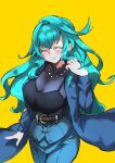  1girl ^_^ black_camisole blue_coat blue_hair blue_pants breasts camisole closed_eyes coat cowboy_shot digimon digimon_(creature) digimon_liberator eyelashes facing_viewer frilled_shirt_collar frills glint hand_up highres jewelry kazuki_suzune large_breasts light_blush long_hair necklace pants pearl_necklace ring see-through_clothes see-through_shirt shining_neko shirt smile solo yellow_background 