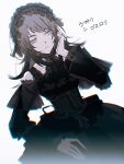  1girl bang_dream! bang_dream!_it&#039;s_mygo!!!!! black_choker black_corset black_dress black_hair black_ribbon choker chromatic_aberration commentary corset dress gothic_lolita hairband highres lolita_fashion lolita_hairband long_sleeves neck_ribbon off-shoulder_dress off_shoulder reiboubyou ribbon simple_background solo translated watermark white_background yahata_umiri 