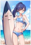  1girl absurdres ass_visible_through_thighs bare_arms beach bikini blue_bikini blue_hair border brown_eyes chiita_(idolmaster) closed_mouth collarbone cowboy_shot day fingernails flat_chest hand_on_own_hip highres hold111 idolmaster idolmaster_(classic) kisaragi_chihaya korean_commentary long_hair looking_to_the_side navel outdoors outside_border ponytail sideways_glance solo standing surfboard swimsuit white_border 