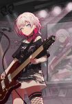  1girl absurdres bang_dream! bang_dream!_it&#039;s_mygo!!!!! black_choker black_shirt blue_eyes cable choker colored_inner_hair commentary cross darkthrone ear_piercing earclip earrings electric_guitar esp_guitars guitar heterochromia highres holding holding_guitar holding_instrument holding_plectrum instrument inverted_cross jewelry kaname_raana layered_sleeves long_sleeves medium_hair microphone microphone_stand misaki_(xxxhackerxxxxx) multicolored_hair necklace piercing pink_hair plectrum screen shirt short_over_long_sleeves short_sleeves solo white_hair white_shirt yellow_eyes 