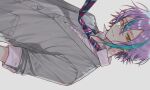  1boy aqua_hair cardigan closed_mouth collared_shirt grey_background grey_cardigan hair_between_eyes highres hikentai3 kamishiro_rui looking_at_viewer male_focus multicolored_hair necktie project_sekai purple_hair shirt simple_background solo striped_necktie white_shirt yellow_eyes 