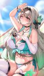  absurdres breasts cleavage firefly_(honkai:_star_rail) highres honkai:_star_rail honkai_(series) one_eye_closed sunlight sweat swimsuit thighs tufang 