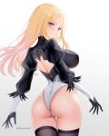  1girl 2b_(nier:automata) 2b_(nier:automata)_(cosplay) absurdres akiei ass back_cutout black_thighhighs blonde_hair blush breasts clothing_cutout cosplay feather-trimmed_sleeves gakuen_idolmaster highleg highleg_leotard highres idolmaster juliet_sleeves juo_sena large_breasts leotard long_hair long_sleeves looking_at_another looking_at_viewer multicolored_hair nier:automata nier_(series) pink_hair puffy_sleeves purple_eyes simple_background smile solo straight_hair streaked_hair thigh_gap thighhighs twitter_username two-tone_hair white_leotard 