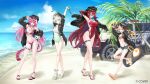  4girls :d ;d animal_ears animal_print arm_behind_head arm_up beach bikini bikini_under_shorts black_hat black_jacket blue_fire blue_hair blue_sky blurry blurry_background braid breasts brown_hair car cecilia_immergreen cecilia_immergreen_(holonatsu_paradise) center-flap_bangs chattino_(raora_panthera) cleavage cloud colored_inner_hair commentary_request day denim denim_shorts dice_gt doll doll_joints double-parted_bangs dress elizabeth_rose_bloodflame elizabeth_rose_bloodflame_(holonatsu_paradise) english_text eyewear_on_head fire fire_on_chest flat_chest frilled_dress frills full_body gigi_murin gigi_murin_(holonatsu_paradise) green_eyes green_hair green_one-piece_swimsuit grey_hair hair_between_eyes hair_ornament hand_on_own_hip hat highleg highleg_bikini highleg_one-piece_swimsuit highres holding holding_water_gun holojustice hololive hololive_english holonatsu_paradise horizon jacket joints large_breasts leopard_print leopard_print_bikini long_hair looking_at_viewer military_jeep motor_vehicle multi-strapped_bikini_bottom multi-strapped_bikini_top multicolored_hair multiple_girls navel official_alternate_costume official_alternate_hairstyle official_art one-piece_swimsuit one_eye_closed open_fly open_mouth orange_bikini panther_ears panther_girl panther_tail peaked_cap pink_eyes pink_hair police_motorcycle print_bikini raora_panthera raora_panthera_(holonatsu_paradise) red_eyes red_hair red_one-piece_swimsuit sandals short_hair short_twintails shorts side_braid sidelocks single_braid sky smile stomach streaked_hair sunglasses swimsuit tail thigh_strap twintails two-tone_hair very_long_hair virtual_youtuber water_gun white_hair winding_key yellow_eyes 
