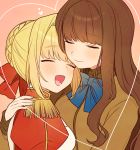  :d bangs blonde_hair blue_bow blush bow braid brown_background brown_hair brown_jacket closed_eyes closed_mouth dress epaulettes eyebrows_visible_through_hair fate/extra fate_(series) hair_bow hair_bun heart hug jacket karokuchitose kishinami_hakuno_(female) long_hair multiple_girls nero_claudius_(fate) nero_claudius_(fate)_(all) open_mouth puffy_sleeves red_bow red_dress sidelocks smile yuri 