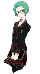  1girl aqua_hair bespectacled blazer book closed_mouth glasses holding holding_book jacket looking_at_viewer persona persona_5 school_uniform shuujin_academy_school_uniform skirt smile solo sutei_(giru) yamagishi_fuuka 