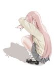  1girl black_shoes cat_shadow_puppet_(meme) earrings grey_skirt highres jewelry long_hair loose_socks m1k0to_zz meme original pink_hair pleated_skirt shadow shoes skirt socks solo squatting stud_earrings sweater white_background white_socks yellow_sweater 