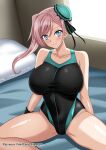  1girl asymmetrical_hair black_one-piece_swimsuit blue_eyes breasts bun_cover competition_swimsuit covered_navel fate/grand_order fate_(series) grey_hair hair_bun heart hellandheaven highres large_breasts long_hair miyamoto_musashi_(fate) miyamoto_musashi_(swimsuit_berserker)_(fate) miyamoto_musashi_(swimsuit_berserker)_(first_ascension)_(fate) one-piece_swimsuit pillow_bed single_hair_bun single_side_bun single_sidelock sitting solo swept_bangs swimsuit two-tone_swimsuit 