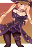  arlonn azur_lane bat_hair_ornament belt black_legwear blonde_hair blush breasts brooch cape cleavage coat collar collarbone commentary_request crossed_arms embarrassed eyebrows_visible_through_hair food_themed_hair_ornament gradient gradient_background hair_ornament hair_ribbon halloween halloween_costume hat highres jewelry large_breasts leotard long_hair looking_at_viewer necklace nelson_(azur_lane) pantyhose pumpkin_hair_ornament purple_coat purple_leotard red_eyes ribbon solo strapless strapless_leotard twintails two-tone_background very_long_hair white_background witch witch_hat wristband 