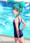  1girl aqua_hair ass black_sclera breasts colored_sclera dark_persona grin highres looking_at_viewer luca_(yu-gi-oh!) muto_dt petite pool poolside school_swimsuit small_breasts smile solo swimsuit trading_card twintails yellow_eyes yu-gi-oh! yu-gi-oh!_5d&#039;s 