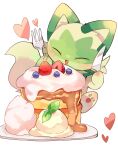  :3 :d blush cake closed_eyes commentary food fork fruit green_fur heart highres holding holding_fork holding_knife knife no_humans open_mouth plate pokemon pokemon_(creature) revision simple_background smile sprigatito strawberry symbol-only_commentary two-tone_fur white_background yupo_0322 