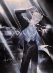  2boys absurdres arm_up black_jacket black_pants blonde_hair character_name conductor conductor_baton dress_shirt high-waist_pants highres instrument jacket light_rays long_sleeves male_focus millions_knives multiple_boys pants parted_lips piano shirt sunbeam sunlight trigun trigun_stampede vash_the_stampede white_shirt yakikesen 