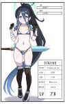  1girl absurdres aris_(blue_archive) armor bandaged_arm bandages bikini_armor black_socks blue_archive blue_eyes blue_hair blush breasts brown_gloves character_profile closed_mouth full_body gameplay_mechanics gloves groin hair_between_eyes halo highres long_hair looking_at_viewer navel pauldrons ponytail shoulder_armor simple_background small_breasts smile socks solo stats stomach sword sword_on_back vambraces very_long_hair weapon weapon_on_back white_background zhyseven 