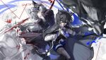  2girls absurdres animal_ears aqua_eyes arknights back-to-back black_boots black_coat black_gloves black_hair black_pantyhose blood blood_on_weapon bolo_tie boots chinese_commentary chino_(user_zdyd2447) closed_mouth coat coat_on_shoulders commentary_request doctor_(arknights) fingerless_gloves fur_trim gloves hair_between_eyes highres holding holding_weapon knee_boots lappland_(arknights) lappland_(refined_horrormare)_(arknights) long_hair long_sleeves making-of_available multiple_girls official_alternate_costume pantyhose purple_eyes purple_gloves shirt texas_(arknights) texas_the_omertosa_(arknights) weapon white_hair white_shirt wolf_ears wolf_girl 