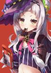  capelet commentary_request crop_top food food_in_mouth gloves hair_bun hair_ornament hat highres hololive konkito long_hair murasaki_shion pocky pocky_day red_background silver_hair simple_background solo star virtual_youtuber witch_hat yellow_eyes 