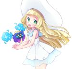  blonde_hair braid commentary_request cosmog dress gen_7_pokemon green_eyes hat highres lillie_(pokemon) long_hair open_mouth paya_(alunair) pokemon pokemon_(creature) pokemon_(game) pokemon_sm see-through simple_background sleeveless sleeveless_dress sun_hat twin_braids white_background white_dress white_hat 