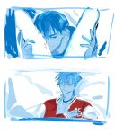  2boys absurdres alien_stage bite_mark bite_mark_on_thigh blue_theme borrowed_clothes commentary earrings english_commentary hands_on_another's_thighs hawk_till head_between_thighs highres ivan_(alien_stage) jacket jewelry kissing_thigh letterman_jacket male_focus multiple_boys open_clothes open_shirt red_jacket red_pupils short_hair till_(alien_stage) yaoi 