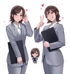  1girl absurdres araki_saori blazer blush breasts brown_eyes brown_hair business_suit collared_shirt commentary cowboy_shot dress_shirt grey_jacket grey_pants grin half_updo hand_up heart highres holding_board jacket limart lips long_sleeves looking_at_viewer medium_hair mini_person minigirl multiple_views office_lady one_eye_closed pants photo-referenced real_life shirt simple_background smile suit tucking_hair v white_background white_shirt 