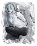  1boy absurdres angel_wings blue_eyes blue_hair bound da_re666 gag hair_down heterochromia highres improvised_gag jujutsu_kaisen mahito_(jujutsu_kaisen) male_focus nipples pale_skin rope stitched_arm stitched_face stitched_groin stitched_neck stitches tape tape_gag tied_up_(nonsexual) white_background wings yellow_eyes 