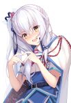  1girl :d belt black_belt blue_skirt blush buttons cape commentary cowboy_shot cuckoo_ki eyelashes eyes_visible_through_hair flower four-finger_heart_hands hair_between_eyes hair_flower hair_ornament hands_up heart heart_hands high-waist_skirt highres kizuna_kirameku_koi_iroha long_hair looking_at_viewer nose_blush open_mouth pink_flower shirt short_sleeves shy side_ponytail sidelocks simple_background skirt smile solo straight_hair suzakuin_tsubaki tassel tassel_hair_ornament two-sided_cape two-sided_fabric very_long_hair white_background white_cape white_hair white_shirt yellow_eyes 