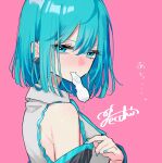  alternate_hair_length alternate_hairstyle aqua_eyes aqua_hair aqua_nails back bare_shoulders blue_necktie blush bob_cut collared_shirt detached_sleeves earrings frills grey_shirt hair_between_eyes hatsune_miku highres ice ice_cube ice_cube_in_mouth jewelry looking_back nail_polish necktie pecchii pink_background shirt short_hair signature simple_background sleeveless sleeveless_shirt solo sweat vocaloid 