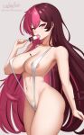  1girl alternate_breast_size alternate_costume alternate_hairstyle arched_back areola_slip armpit_peek artist_name ass bare_arms bare_shoulders breasts brown_eyes brown_hair cleavage collarbone commentary cslucaris dripping eating english_commentary food food_on_body food_on_breasts grey_background groin hair_between_eyes hand_up heterochromia highres holding holding_food holding_ice_cream ice_cream jewelry large_breasts long_hair looking_at_viewer multicolored_hair navel neapolitan_ice_cream necklace neopolitan_(rwby) patreon_username pink_eyes pink_hair rwby sexually_suggestive sideless_swimsuit signature simple_background slingshot_swimsuit solo split-color_hair stomach swimsuit thighs two-tone_hair underboob variant_set very_long_hair white_slingshot_swimsuit 