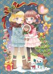  2girls animal artist_name bear_cub bear_hat_ornament beret black_eyes black_hat black_pantyhose blonde_hair blue_bow blue_eyes blue_scarf blue_sweater blush boots bow box braid braided_hair_rings brown_boots candy candy_cane capelet carrot checkerboard_cookie child christmas christmas_ornaments christmas_stocking christmas_tree closed_mouth clothed_animal commentary cookie food frilled_skirt frills full_body fur-trimmed_capelet fur-trimmed_headwear fur-trimmed_jacket fur_trim gift gift_box green_bow green_mittens green_socks hair_bow hair_rings hat hat_bow hat_ornament heart highres holding holding_animal hood hood_up hooded_capelet hoshinokuzu_alice jacket leaf looking_at_viewer mittens multiple_girls one_eye_closed open_mouth original pantyhose pink_bow pink_jacket pink_skirt plaid_clothes plaid_scarf pretzel purple_eyes red_bow red_capelet red_hat red_scarf red_socks ribbed_sweater ribbon santa_hat scarf short_hair skirt sleeve_bow smile snow snow_rabbit snowing snowman socks standing star_(symbol) sweater thumbprint_cookie tree-topper twitter_username yellow_bow yellow_ribbon 